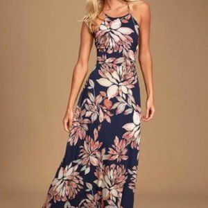 NWOT Lulus Adventure Seeker Navy Blue Floral Print Maxi Dress